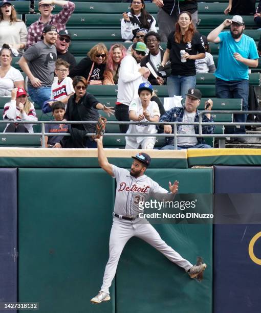 Riley Greene of the Detroit Tigers catches the fly out by Andrew Vaughn of the Chicago White Sox during the fourth inning of a game at Guaranteed...