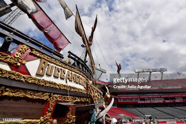 Detailed view of the Buccaneers Pirate ship behind the end zones is seen prior to the game between the Green Bay Packers and the Tampa Bay Buccaneers...