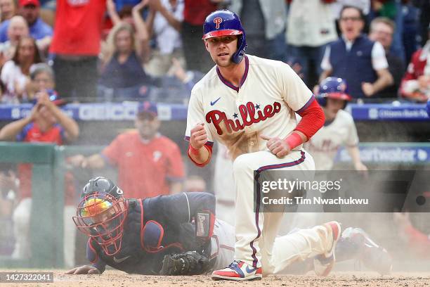 Rhys Hoskins of the Philadelphia Phillies reacts after scoring during the fifth inning against the Atlanta Braves at Citizens Bank Park on September...