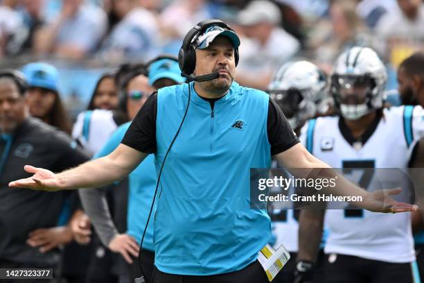 Head coach Matt Rhule of the Carolina Panthers reacts after a play against the New Orleans Saints during the third quarter at Bank of America Stadium...
