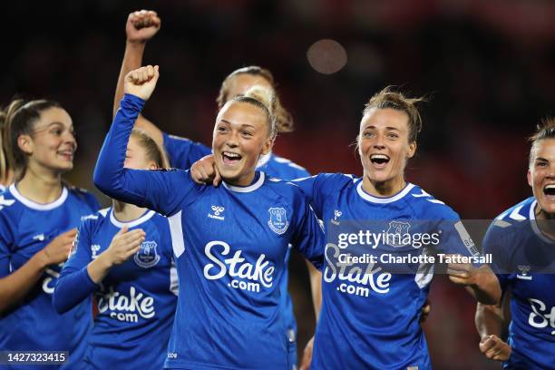 Hanna Bennison of Everton celebrates with Aurora Galli after scoring their team's third goal during the FA Women's Super League match between...