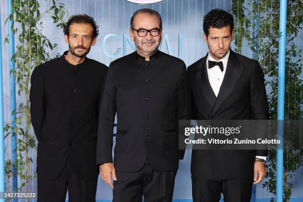 Pietro Ruffini, Remo Ruffini and Romeo Ruffini attend the CNMI Sustainable Fashion Awards 2022 pink carpet during the Milan Fashion Week Womenswear...