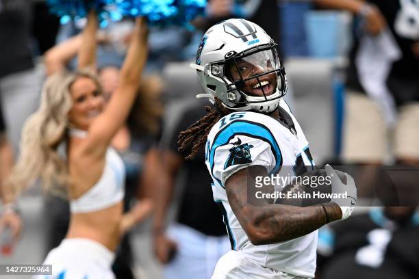 Laviska Shenault Jr. #15 of the Carolina Panthers runs for a touchdown against the New Orleans Saints during the fourth quarter at Bank of America...