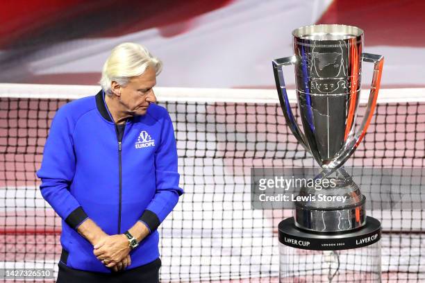 Bjorn Borg, Captain of Team Europe looks dejected as they look at the Laver Cup trophy following their teams defeat on Day Three at The O2 Arena on...