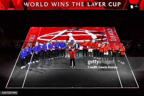 John McEnroe, Captain of Team World speaks to the fans following Team World's victory on Day Three at The O2 Arena on September 25, 2022 in London,...