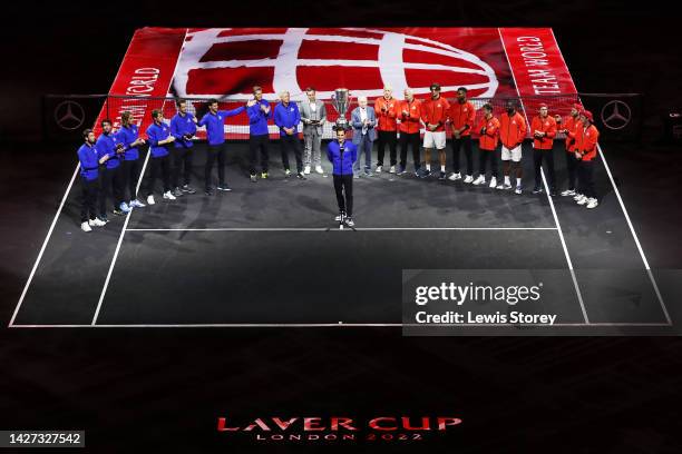 Roger Federer of Team Europe speaks to the fans after Team Europe's defeat in the Laver Cup on Day Three at The O2 Arena on September 25, 2022 in...