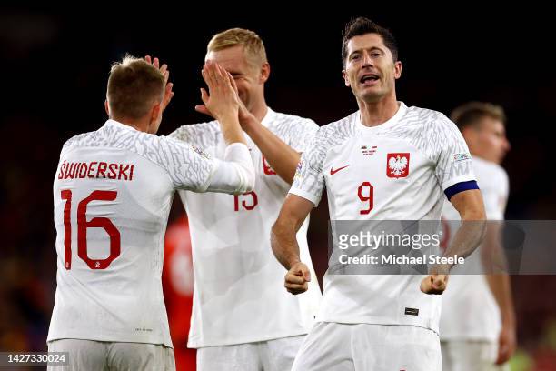 Robert Lewandowski of Poland celebrates after Karol Swiderski scores their team's first goal during the UEFA Nations League League A Group 4 match...