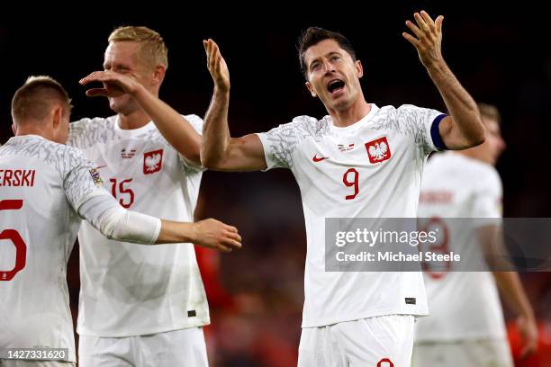 Robert Lewandowski of Poland celebrates after Karol Swiderski scores their team's first goal during the UEFA Nations League League A Group 4 match...