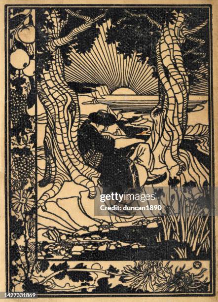 stockillustraties, clipart, cartoons en iconen met sinbad the sailor, resting between two trees, sun rising over the sea - arabian nights