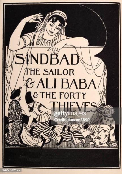 scheherazade with puppets of sinbad the sailor and ali baba, one thousand and one nights - classic literature stock illustrations