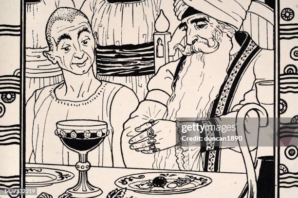 stockillustraties, clipart, cartoons en iconen met scene from the story of sinbad the sailor, sinbad eating with the rich merchant in baghdad - arabian nights