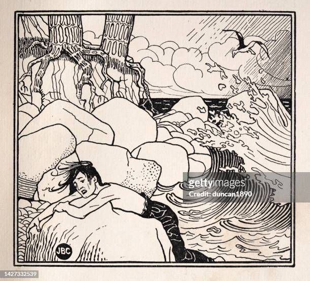 stockillustraties, clipart, cartoons en iconen met first voyage of sinbad the sailor, sinbad shipwrecked and washed ashore - arabian nights