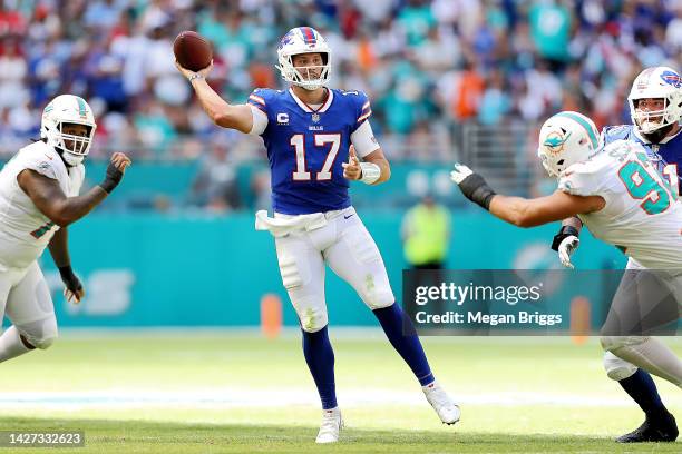 Quarterback Josh Allen of the Buffalo Bills passes th ball during the game against the Miami Dolphins at Hard Rock Stadium on September 25, 2022 in...