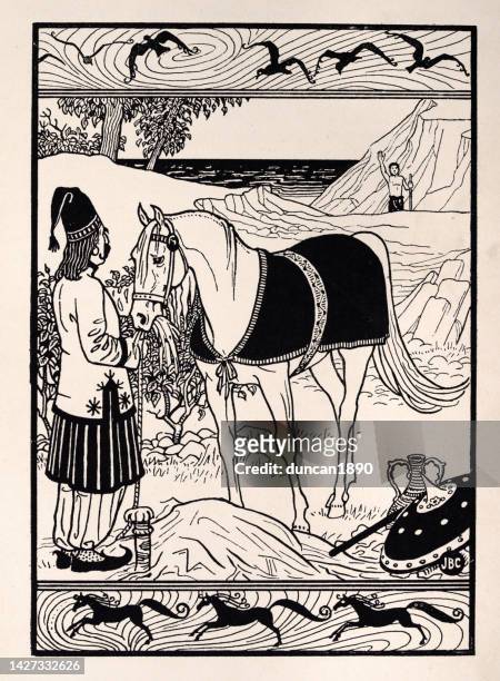 first voyage of sinbad the sailor, sinbad comes across a white mare of superb appearance - arabic literature stock illustrations