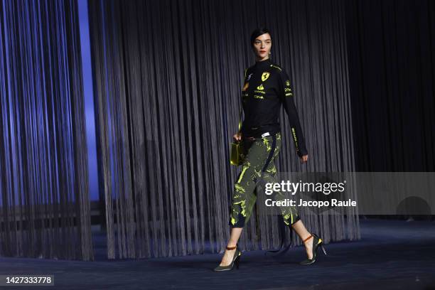 Mariacarla Boscono walks the runway of the Ferrari Fashion Show during the Milan Fashion Week Womenswear Spring/Summer 2023 on September 25, 2022 in...