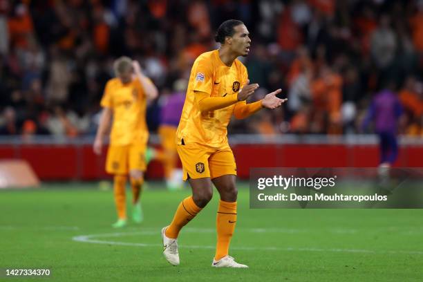 Virgil van Dijk of Netherlands celebrates after scoring their team's first goal during the UEFA Nations League League A Group 4 match between...