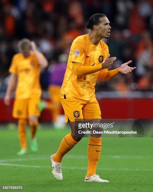 Virgil van Dijk of Netherlands celebrates after scoring their team's first goal during the UEFA Nations League League A Group 4 match between...