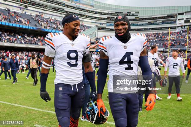 Jaquan Brisker and Eddie Jackson of the Chicago Bears celebrate after defeating the Houston Texans 23-20 at Soldier Field on September 25, 2022 in...