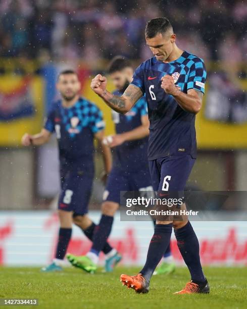 Dejan Lovren of Croatia celebrates after scoring their team's third goal during the UEFA Nations League League A Group 1 match between Austria and...