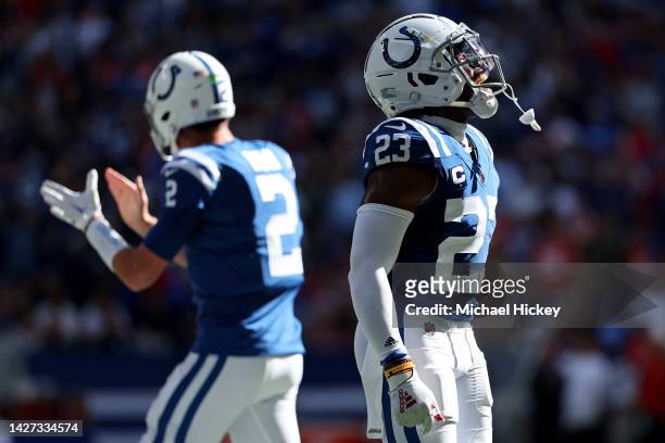 Kenny Moore II of the Indianapolis Colts celebrates after the Kansas City Chiefs missed a field goal during the second half at Lucas Oil Stadium on...