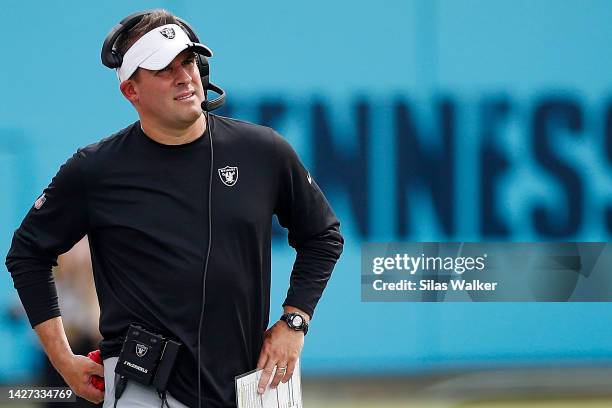 Head coach Josh McDaniels of the Las Vegas Raiders looks on from the sidelines in the third quarter of the game against the Tennessee Titans at...