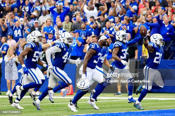 Rodney McLeod of the Indianapolis Colts celebrates with teammates after making an interception against the Kansas City Chiefs during the fourth...