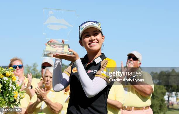 Atthaya Thitikul of Thailand holds the winner's trophy after winning the Walmart NW Arkansas Championship Presented by P&G at Pinnacle Country Club...