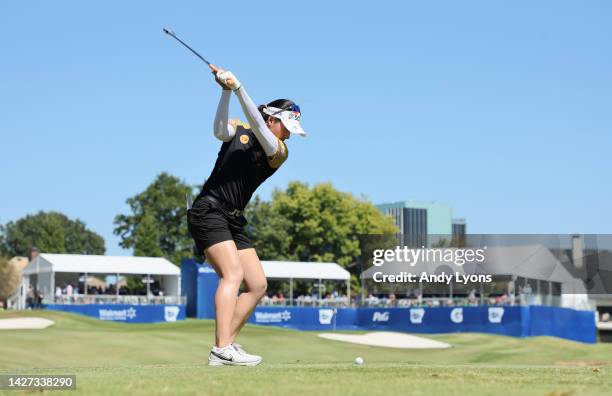 Atthaya Thitikul of Thailand hits her tee shot on the 17th hole during the final round of the Walmart NW Arkansas Championship Presented by P&G at...