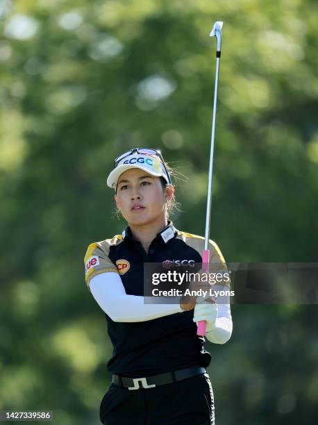 Atthaya Thitikul of Thailand hits her tee shot on the third hole during the final round of the Walmart NW Arkansas Championship Presented by P&G at...