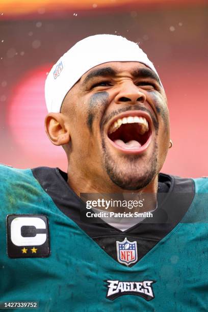 Quarterback Jalen Hurts of the Philadelphia Eagles reacts after his team's 24-8 win against the Washington Commanders at FedExField on September 25,...