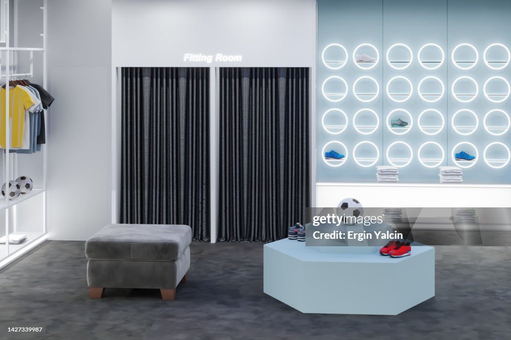 Sports Shop Interior With Sports Balls, Sneakers And Sportswear