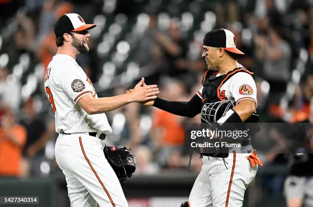 Jordan Lyles of the Baltimore Orioles celebrates with Robinson Chirinos after pitching a complete game against the Detroit Tigers at Oriole Park at...