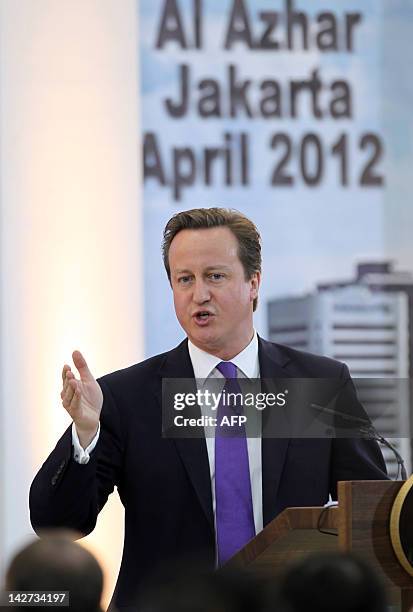 Britain's Prime Minister David Cameron delivers his speech as he visits Al-Ashar University in Jakarta on April 12, 2012. Cameron, who was on a...