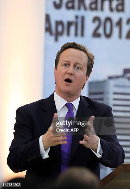 Britain's Prime Minister David Cameron delivers his speech as he visits Al-Ashar University in Jakarta on April 12, 2012. Cameron, who was on a...