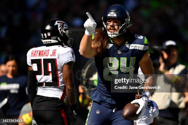 Colby Parkinson of the Seattle Seahawks reacts after a play against the Atlanta Falcons during the first quarter at Lumen Field on September 25, 2022...