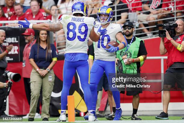 Wide receiver Cooper Kupp of the Los Angeles Rams and tight end Tyler Higbee of the Los Angeles Rams celebrate after Kupp scored a touchdown during...