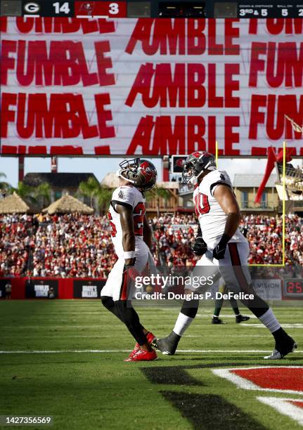 Logan Ryan of the Tampa Bay Buccaneers celebrates with Logan Hall after recovering a fumble by Aaron Jones of the Green Bay Packers during the second...