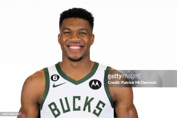 Giannis Antetokounmpo of the Milwaukee Bucks poses for portraits during media day at Fiserv Forum on September 25, 2022 in Milwaukee, Wisconsin.