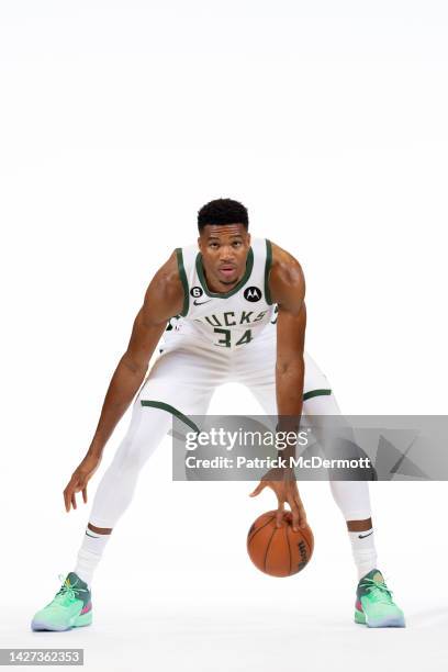 Giannis Antetokounmpo of the Milwaukee Bucks poses for portraits during media day at Fiserv Forum on September 25, 2022 in Milwaukee, Wisconsin.