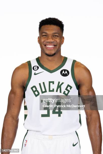 Giannis Antetokounmpo of the Milwaukee Bucks poses for portraits during media day at Fiserv Forum on September 25, 2022 in Milwaukee, Wisconsin.