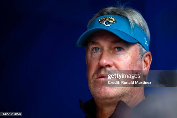 Head coach Doug Pederson of the Jacksonville Jaguars watches his team warm up before their game against the Los Angeles Chargers at SoFi Stadium on...