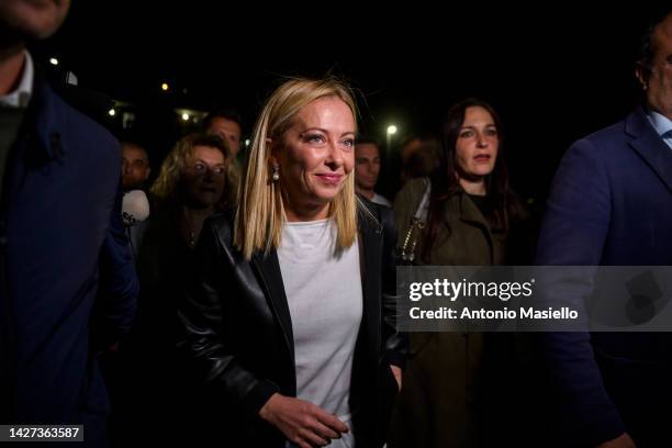 Giorgia Meloni, leader of the Fratelli d'Italia , arrives to cast her vote for Italian general election at the polling station, on September 25, 2022...