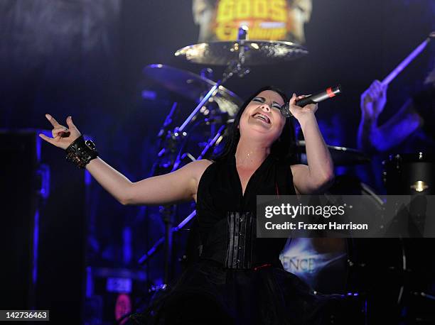 Evanescence singer Amy Lee performs on stage during the 2012 Revolver Golden Gods Award Show at Club Nokia on April 11, 2012 in Los Angeles,...