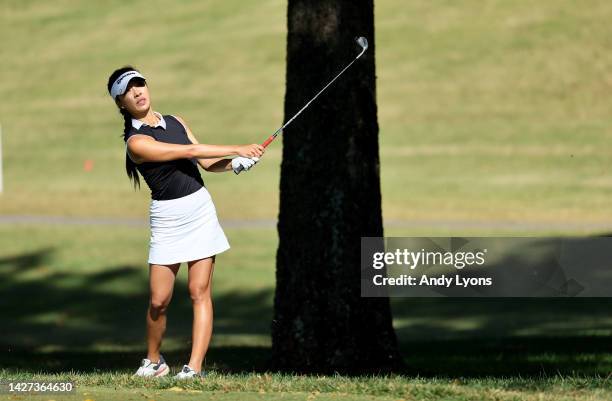 Muni He of China hits her third shot on the 7th hole during the final round of the Walmart NW Arkansas Championship Presented by P&G at Pinnacle...