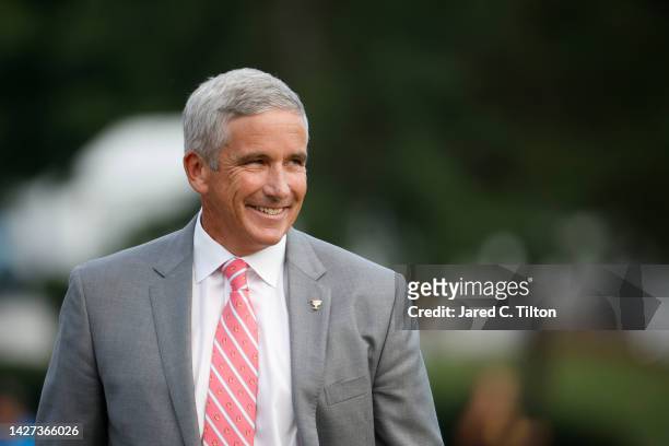 Jay Monahan, Commissioner of the PGA Tour, speaks during the closing ceremony after Sunday singles matches on day four of the 2022 Presidents Cup at...