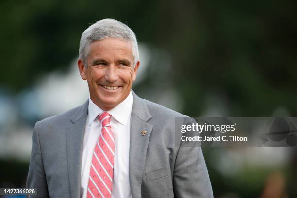 Jay Monahan, Commissioner of the PGA Tour, speaks during the closing ceremony after Sunday singles matches on day four of the 2022 Presidents Cup at...