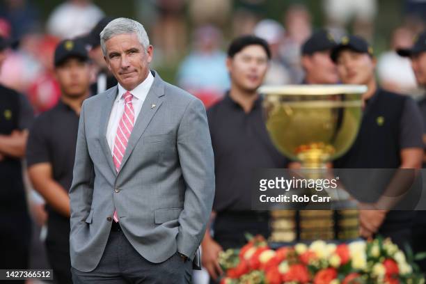 Jay Monahan, Commissioner of the PGA Tour, looks on during the closing ceremony after Sunday singles matches on day four of the 2022 Presidents Cup...