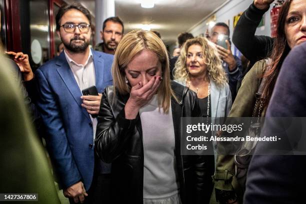 Conservative party Brothers of Italy President Giorgia Meloni leaves a polling station after casting her vote on September 25, 2022 in Rome, Italy....