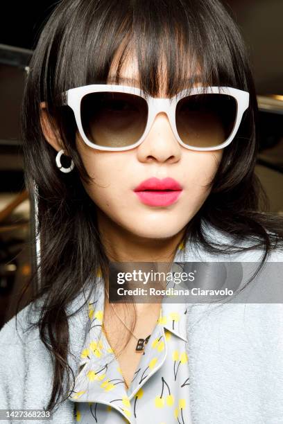 Model poses backstage at the Benetton Fashion Show during the Milan Fashion Week Womenswear Spring/Summer 2023 on September 25, 2022 in Milan, Italy.