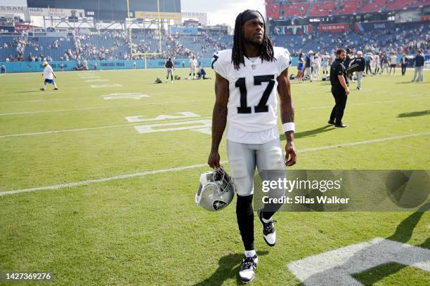 Davante Adams of the Las Vegas Raiders walks off the field after the game against the Tennessee Titans at Nissan Stadium on September 25, 2022 in...